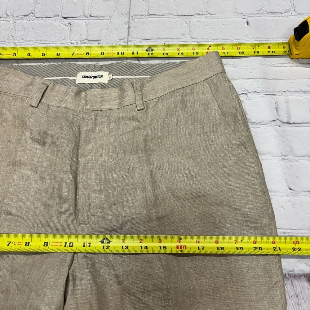 Taylor Stitch Men 100% Linen Flat Front Pants Size 34 Beige Unhemmed C129 -6